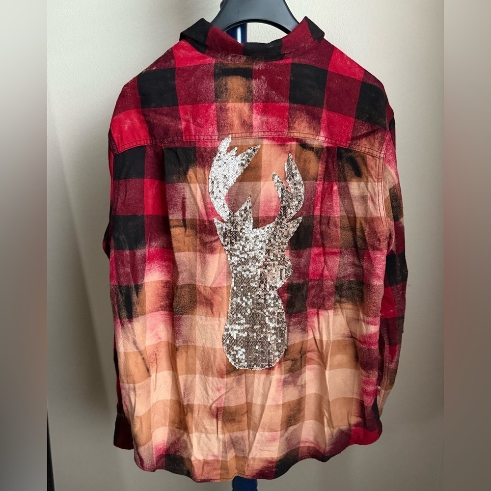 Bleached Red Plaid Button-Up Flannel with Sequin Reindeer, Size 2X